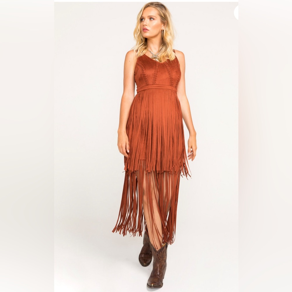 IDYLLWIND Women’s Wild Nights faux leather fringe dress in Rust Copper